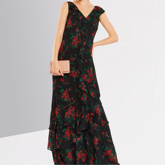 Ralph Lauren Women's 8 Floral Ruffle Tiered Darted Maxi Dress Black Red Green - Picture 1 of 13